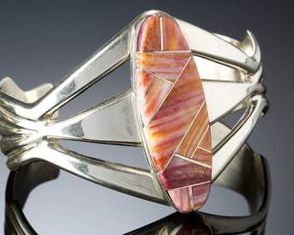 Native American Sterling Silver Spiny Oyster Inlaid Wide Cuff Bracelet