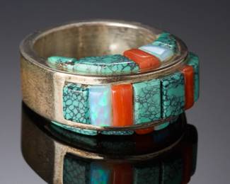 Native American Sterling Silver 3-Sided Inlay Ring Turquoise Coral Opal SZ 10.25