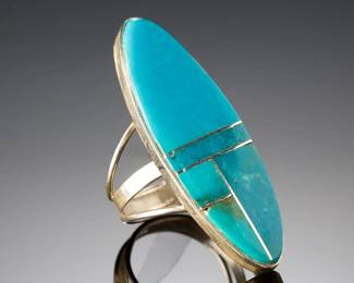 Navajo Harold Smith Turquoise Inlay Sterling Silver Ring Sz 7 Native American