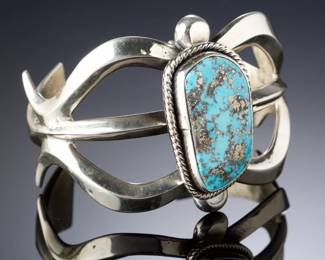 Navajo Heavy Sandcast Sterling Silver Turquoise Cuff Bracelet SIGNED AA 86g