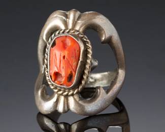 Antique Navajo Sandcast Silver Red Coral Ring SZ 6.75 Native American Jewelry