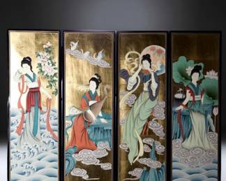 Vintage Chinese Style Gold Leaf Lacquer Panels, Set of 4 Maidens