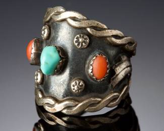 Navajo Turquoise Coral Silver Ring Sz 9 Vintage Native American Jewelry