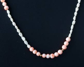 Long Pink Coral & Freshwater Pearl Beaded Necklace, 30in, Estate