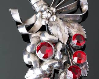 Vintage Hobe Sterling Silver Floral Bouquet Brooch Pin, Red Rhinestones