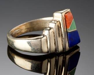Southwestern Sterling Silver Multi-Stone Inlay Ring | Spiny Oyster, Lapis | Sz 5.75
