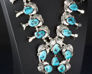 Vintage Navajo Turquoise Sterling Silver Squash Blossom Necklace Signed B