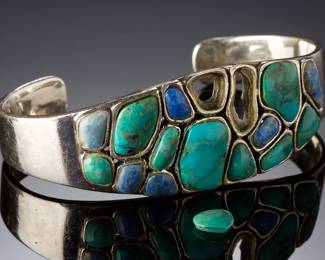 AS-IS Sterling Silver Turquoise Lapis Lazuli Inlaid Mosaic Cuff Bracelet 925