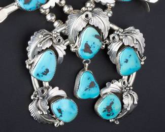Vintage Navajo Turquoise Sterling Silver Squash Blossom Necklace Signed B