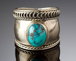 Southwestern Sterling Silver Turquoise Wide Band Ring, Size 8.5, Marked 925