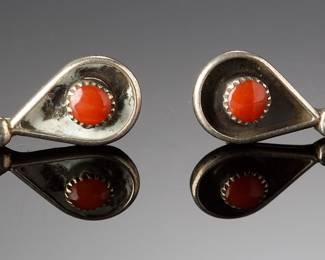 Vintage Navajo Sterling Silver & Coral Teardrop Post Earrings Native American