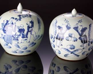 Pair of Antique Chinese Blue & White Ginger Jars, Scholars & Boys, Late 19th/Early 20th C.