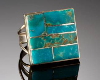 Navajo Harold Smith Turquoise Inlay Sterling Silver Ring Sz 7.5 Native American
