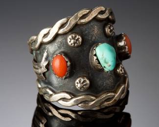 Navajo Turquoise Coral Silver Ring Sz 9 Vintage Native American Jewelry