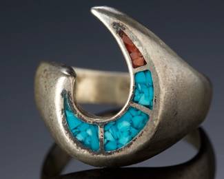 Vintage Native American Turquoise Coral Chip Inlay Sterling Silver Ring Sz 7.25