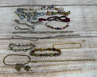 Sterling Silver & Costume Jewelry Lot: 14 Bracelets, Necklace, Mixed Styles