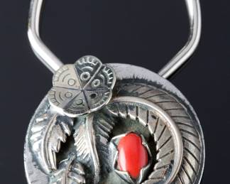 Navajo Style Turquoise Coral Leaf Floral Native American Silver Keychain