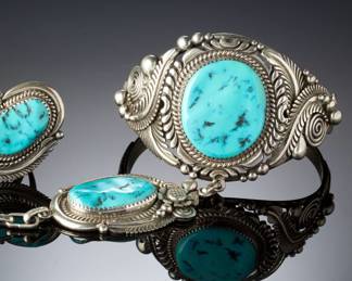 Navajo Ahasteen Turquoise Sterling Silver Slave Bracelet & Ring Set