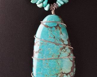 Native American Turquoise Nugget Necklace, Large Wire-Wrapped Pendant