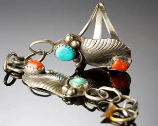 Navajo Sterling Silver Turquoise Coral Leaf Ring SZ 7 Native American AS-IS