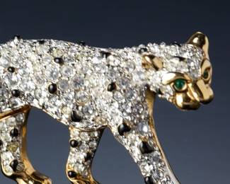 Swarovski Crystal Leopard Brooch Pin, Gold-Tone, Signed Vintage Jewelry