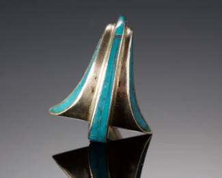 Vintage Mexican Modernist Sterling Silver Turquoise Inlay Panel Ring FCA Taxco