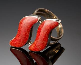Modern Sterling Silver & Red Coral Statement Ring, Size 8.25, 5.77g