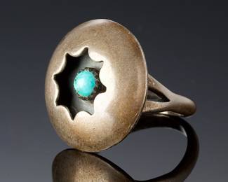 Vintage Navajo Shadowbox Silver Turquoise Ring SZ 6.75 - Unmarked