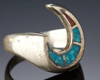 Vintage Native American Turquoise Coral Chip Inlay Sterling Silver Ring Sz 7.25