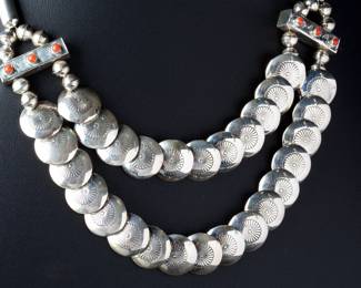 Native American Sterling Silver Stamped Disc & Coral Necklace - 20"