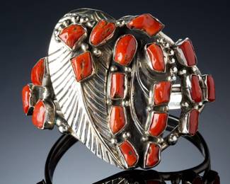 Navajo Sterling Silver Coral Cuff Bracelet Signed PJ Native American