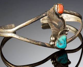 Vintage Navajo Sterling Silver Turquoise Coral Cuff Bracelet Native American