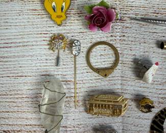 Vintage Assorted Costume Jewelry Lot: 30+ Pins, Pendants, Sterling Silver