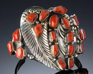 Navajo Sterling Silver Coral Cuff Bracelet Signed PJ Native American