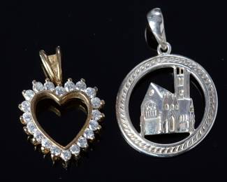 Sterling Silver Pendants: Gold-Tone CZ Heart & Architectural Church Motif