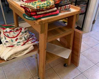 Rolling island, linens, kitchenware