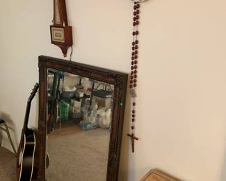 Vintage mirror, rosary etc