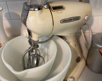 Circa Late 1930s Hamilton Beach Stand Mixer with Milk Glass Mixing Bowls