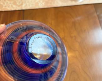 1995 Blue, Red & Clear Swirl Ornamental Blown Glass Centerpiece Bowl