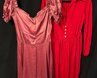 1930s Style Pink Puff Sleeve Gown, Circa 1970s ILGWU Red Collared Long Sleeve Midi Dress