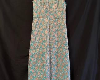 Teal and Gold Floral Brocade Midi Dress