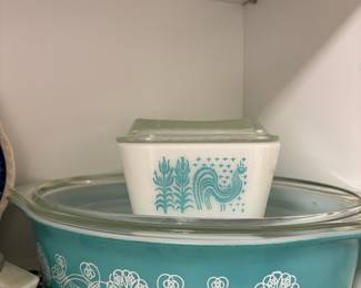 Pyrex "Amish Butterprint" Refrigerator Dish, Pyrex Turquoise Lace Medallion Lidded Casserole Dish