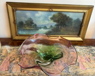 Framed Antique Pastel Landscape Drawing, Pink and Green Murano Style Art Glass Centerpiece Bowl