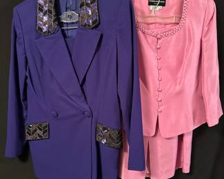 1980s Niteline by Della Roufogali Purple Blazer & Skirt, 1980s Donna Morgan Pink Skirt Suit