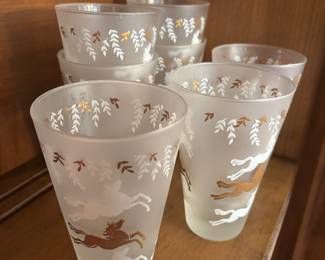 Set of 7 - 1950s Cavalcade by Libbey Frosted Glass with Horse Design Tumblers