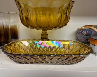 Indiana Marigold Carnival Glass Oval Basket Weave Pattern Candy Dish