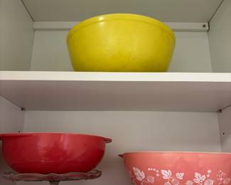 Pyrex Primary Yellow Mixing Bowl, Pyrex Primary Red Mixing Bowl, Pyrex Pink Gooseberry Mixing Bowl