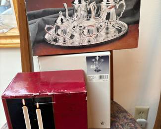 Paul Revere Silversmiths Silver Plated 5 Piece Swirl Design Mini Tea & Coffee Set, Crystal Clear Signatures Devon Hand-Cut 24% Full Lead Crystal Candlesticks, Villeroy & Boch Opera Candlestick Holder