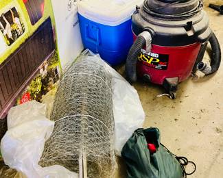 Shop vac, cooler, chicken wire, tarp