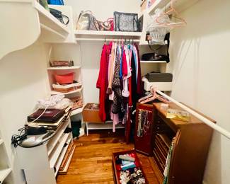 Women's closet - clothes, pj's, robes, coats, purses, jewelry boxes, etc. 